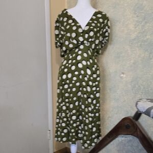 Olive Green Polka Dot Midi Dress - Classic V-Neck